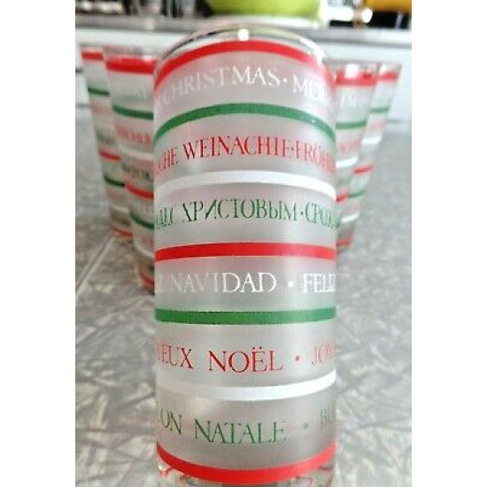 6 PC. FROSTED GLASS DRINK SET in a "MERRY CHRISTMAS" PATTERN in SIX LANGUAGES