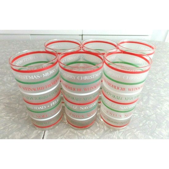 6 PC. FROSTED GLASS DRINK SET in a "MERRY CHRISTMAS" PATTERN in SIX LANGUAGES